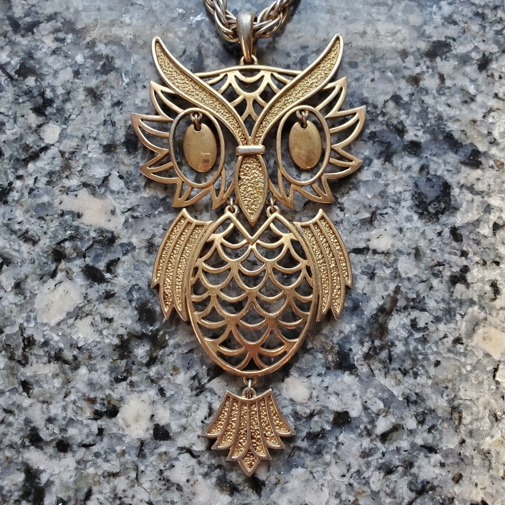 Large Gold Toned Vintage Owl Statement Necklace